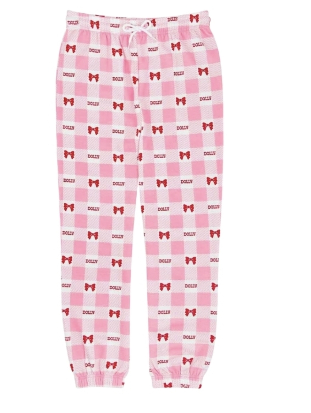 #6053 Dolly Parton  Pink Checked Pajama Pants with Red Bow Print